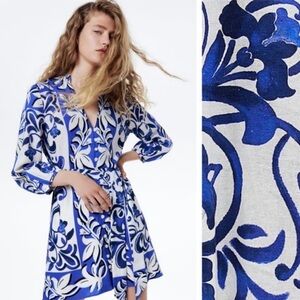 Zara Long Sleeve Linen Blend Mini with Blue Floral Design